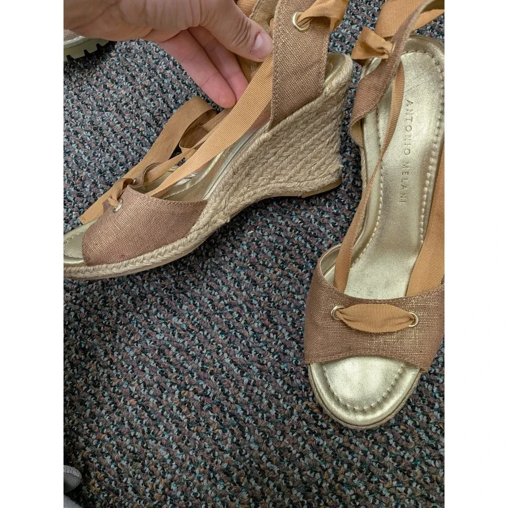 Antonio Melani Gold Metallic Espadrille Wedge Sandals Ribbon Lace Up Womens 7M